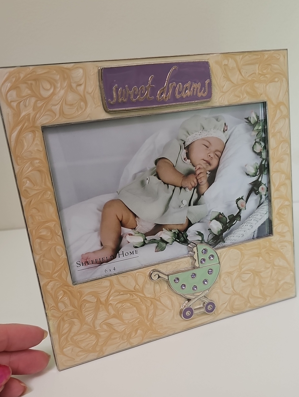 "Sweet Dreams" Baby Picture Frame - Cream & Lavender Rhinestone 4x6 Brand New